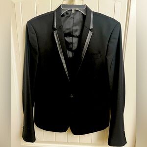 5cm Women’s  Black Wool Blend Blazer with Leather Trim, IT size 46/US 10